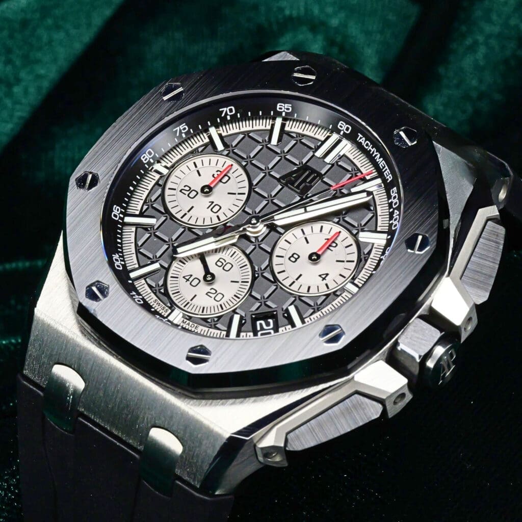 Audemars Piguet Royal Oak Offshore Chronograph Black Ceramic Bezel Mega Tapisserie Pattern Black Rubber Strap 43mm Stainless Steel MINT CONDITION COMPLETE SET 26420SO.OO.A002CA.01