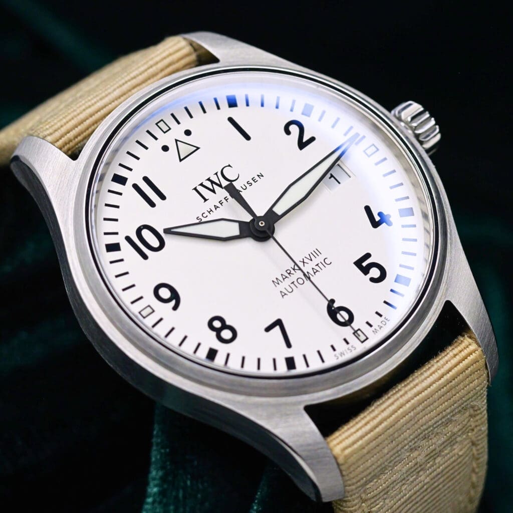 IWC Pilot's Watch Mark XVIII Silver Dial Beige Strap Stainless Steel 40mm MINT CONDITION COMPLETE SET IW327017