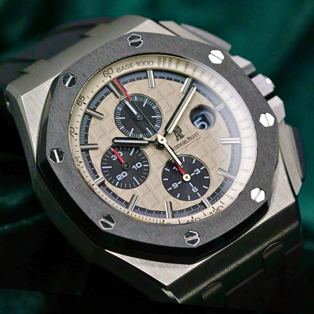Audemars Piguet Royal Oak Offshore Chronograph "Panda" White Dial Black Ceramic Bezel Black Rubber Strap Stainless Steel 44mm MINT CONDITION 26400SO.OO.A002CA.01