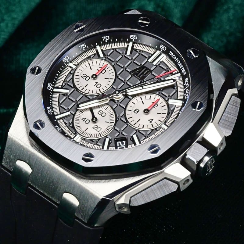 Audemars Piguet Royal Oak Offshore Chronograph Black Ceramic Bezel Mega Tapisserie Pattern Black Rubber Strap 43mm Stainless Steel MINT CONDITION COMPLETE SET 26420SO.OO.A002CA.01