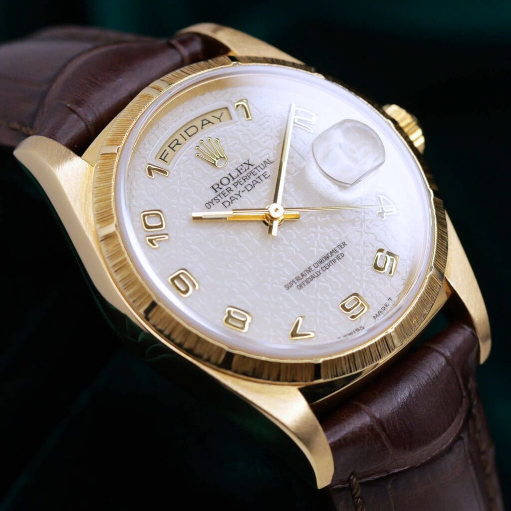Rolex Day-Date  White Dial 18K Yellow Gold Bezel Brown Leather Strap Yellow Gold 36mm MINT CONDITION COMPLETE SET 18248