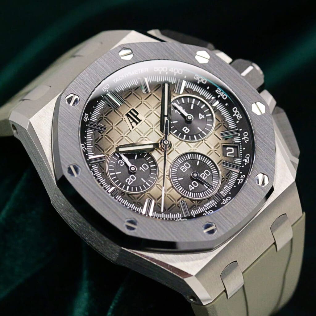 Audemars Piguet Royal Oak Offshore Chronograph Smoked Taupe Dial Black Subdials Black Ceramic Bezel Light Brown Rubber Strap Stainless Steel 43mm MINT CONDITION COMPLETE SET 26420SO.OO.A600CA.01