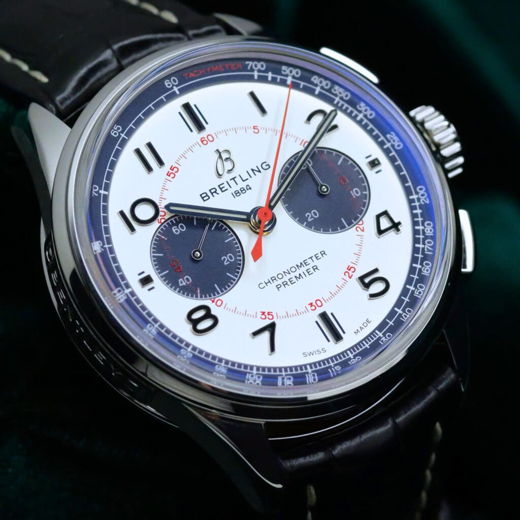 Breitling Premier B01 Chronograph Bentley Mulliner Silver Dial Blue Alligator Leather Strap Stainless Steel 42mm MINT CONDITION COMPLETE SET AB0118A71G1P1