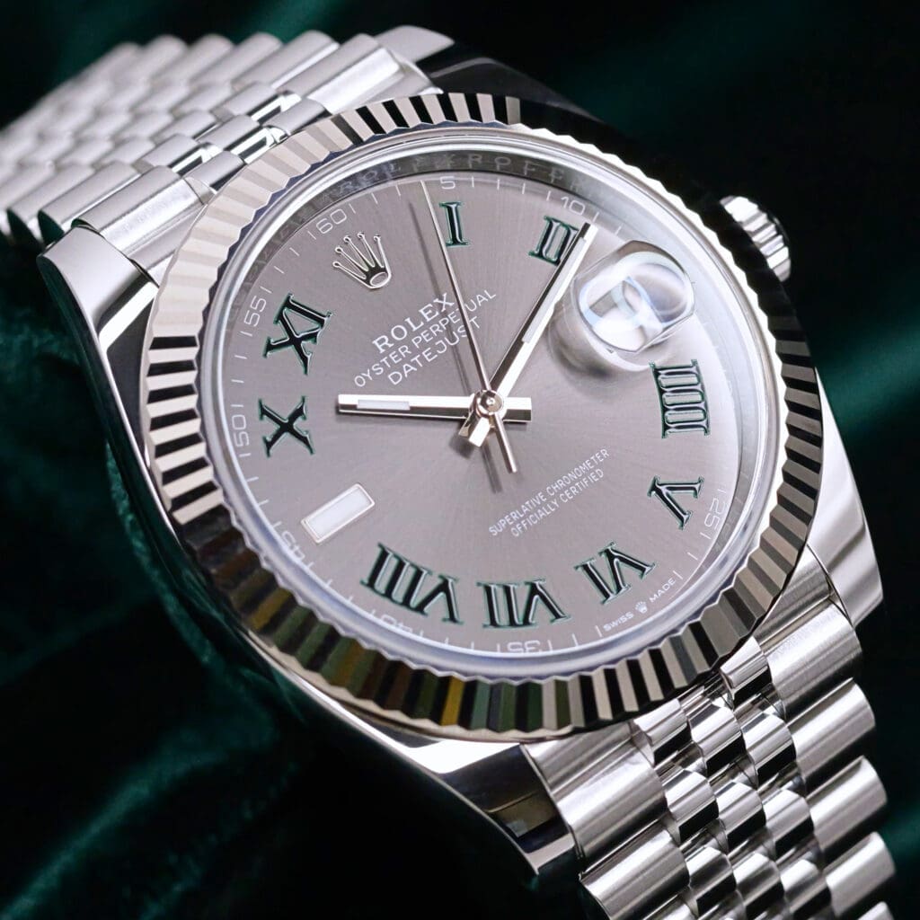 2025 Rolex Datejust "Wimbledon" Slate Grey Dial Green Roman Numeral Markers 18K White Gold Fluted Bezel Jubilee Bracelet Stainless Steel 41mm MINT CONDITION COMPLETE SET 126334-0022