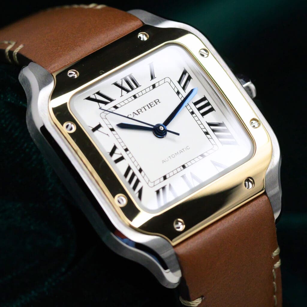 2026 NEW UNWORN Cartier Santos de Cartier White Dial Brown Leather Strap Two Tone 18k Yellow Gold Stainless Steel 35mm COMPLETE SET W2SA0016