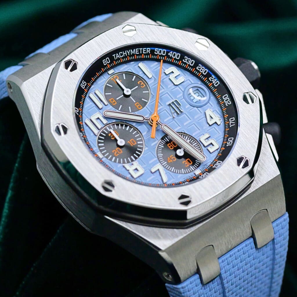 2025  Audemars Piguet Royal Oak Offshore Chronograph Tiffany Baby Blue Dial Rubber Strap Stainless Steel 42mm MINT CONDITION COMPLETE SET 26238ST.OO.A340CA.01