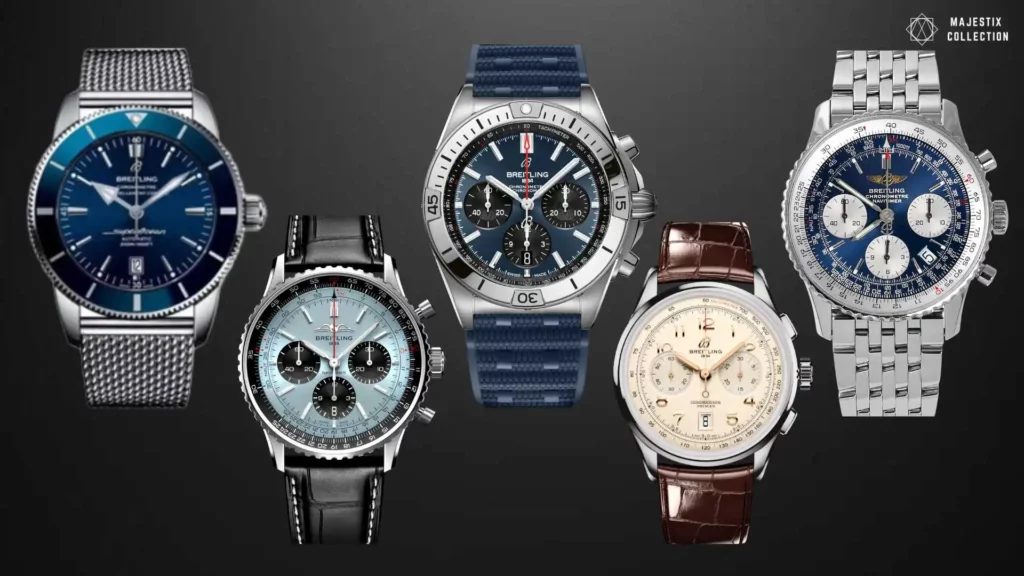 A visual lineup of popular Breitling watch models including the Superocean Heritage, Navitimer, Chronomat, and Premier, showcasing different styles from professional dive watches to elegant chronographs.
