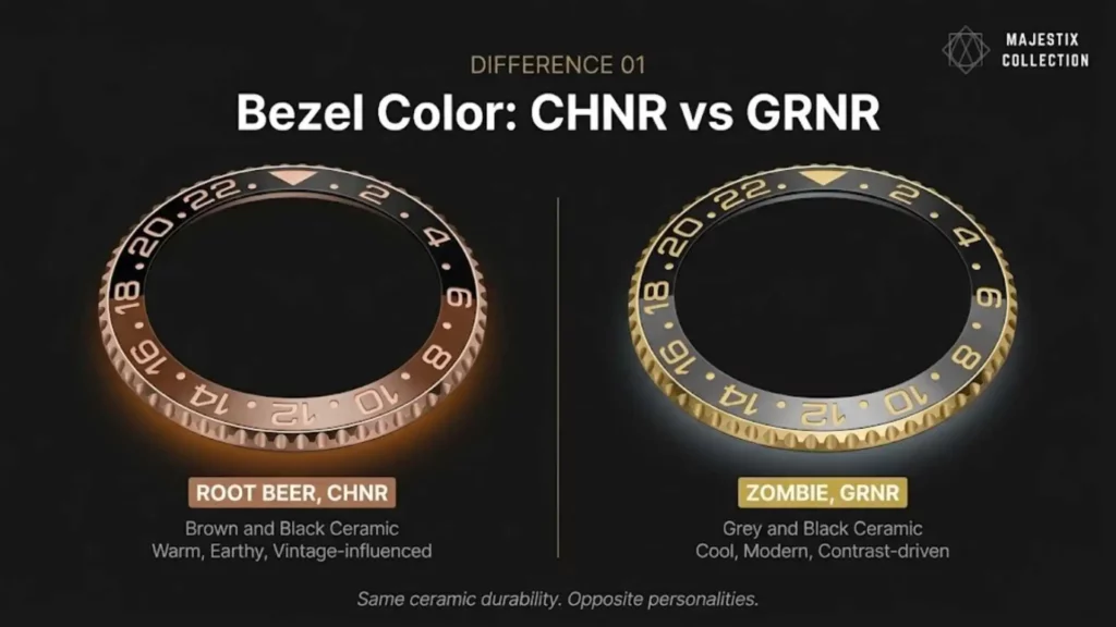 Detailed product shot and specifications for the Rolex GMT-Master II 126713GRNR "Zombie," highlighting the grey Cerachrom bezel, yellow gold accents, and two-tone Jubilee bracelet.