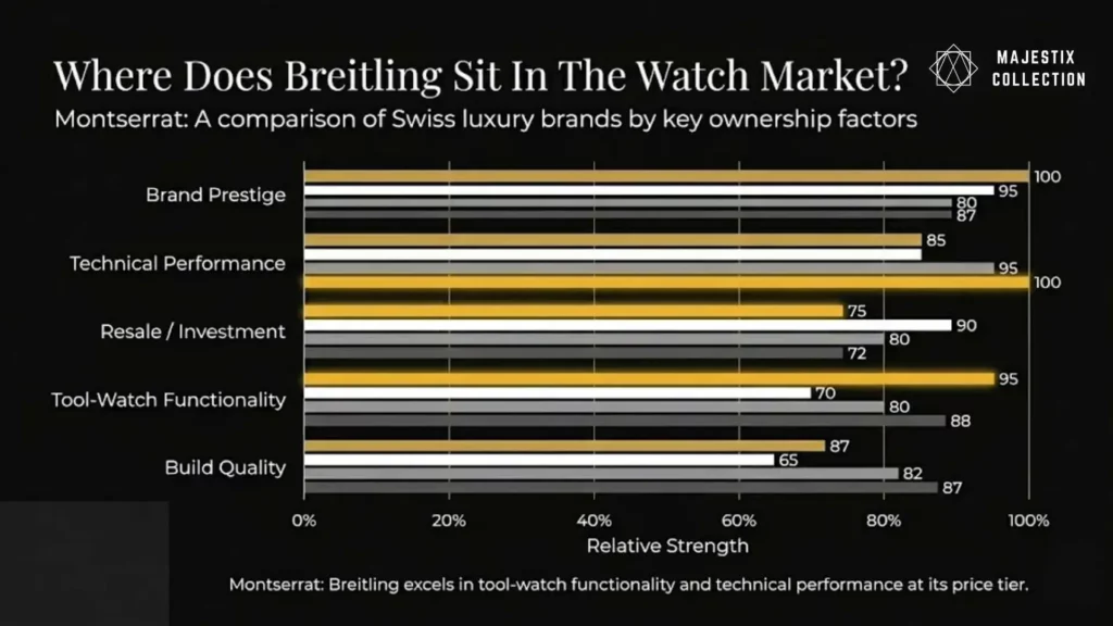A horizontal bar chart comparing Breitling's market position against other Swiss luxury watch brands across five categories: Brand Prestige, Technical Performance, Resale/Investment, Tool-Watch Functionality, and Build Quality.