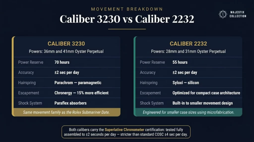 Rolex caliber 3230 vs 2232 movement specs power reserve accuracy comparison chart