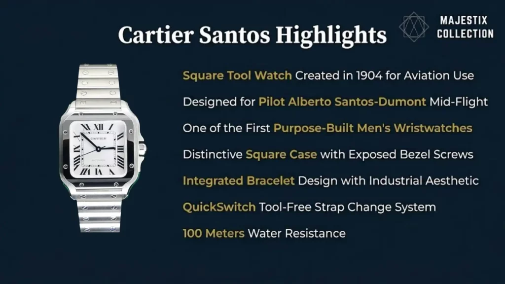 A list of Cartier Santos highlights next to a stainless steel Santos de Cartier. Key points include its 1904 creation for aviator Alberto Santos-Dumont, its status as one of the first men’s wristwatches, and the QuickSwitch strap system.