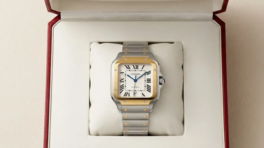Cartier Santos two-tone yellow gold white dial on steel bracelet inside open Cartier red and white box