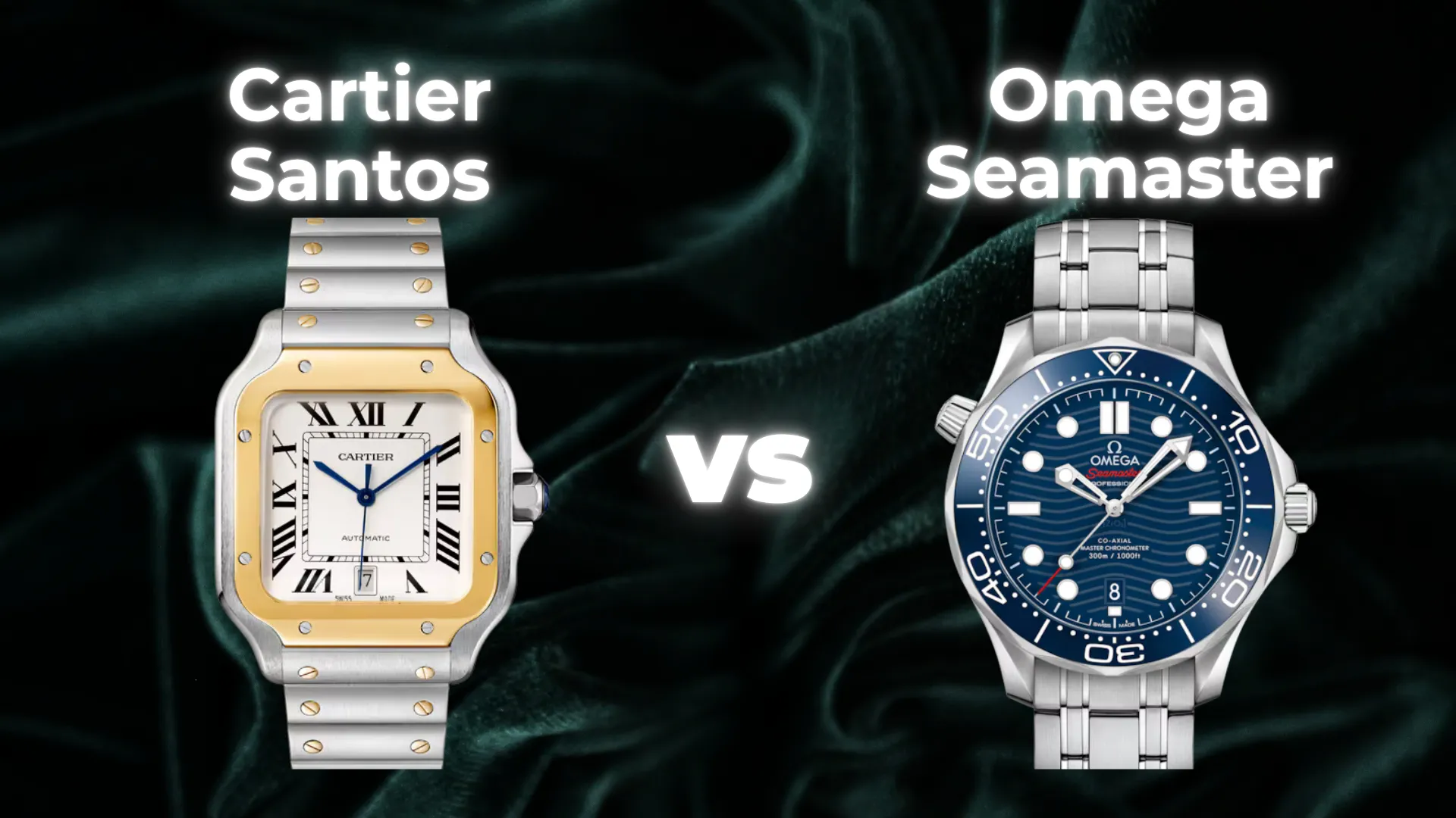 Cartier Santos two-tone yellow gold white dial vs Omega Seamaster blue dial steel bracelet side by side comparison on dark background