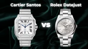 Cartier Santos white dial on steel bracelet vs Rolex Datejust silver dial on Oyster bracelet side by side comparison