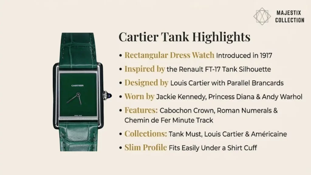 : A list of Cartier Tank highlights next to a green dial Tank Must. Key points include its 1917 introduction, Renault FT-17 tank inspiration, and famous wearers like Princess Diana and Jackie Kennedy