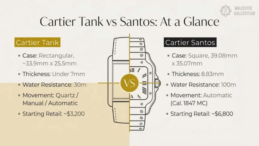 An infographic titled "Cartier Tank vs Santos: At a Glance" comparing technical specs. It highlights the Tank's rectangular case and 30m water resistance versus the Santos's square 39mm case and 100m water resistance.