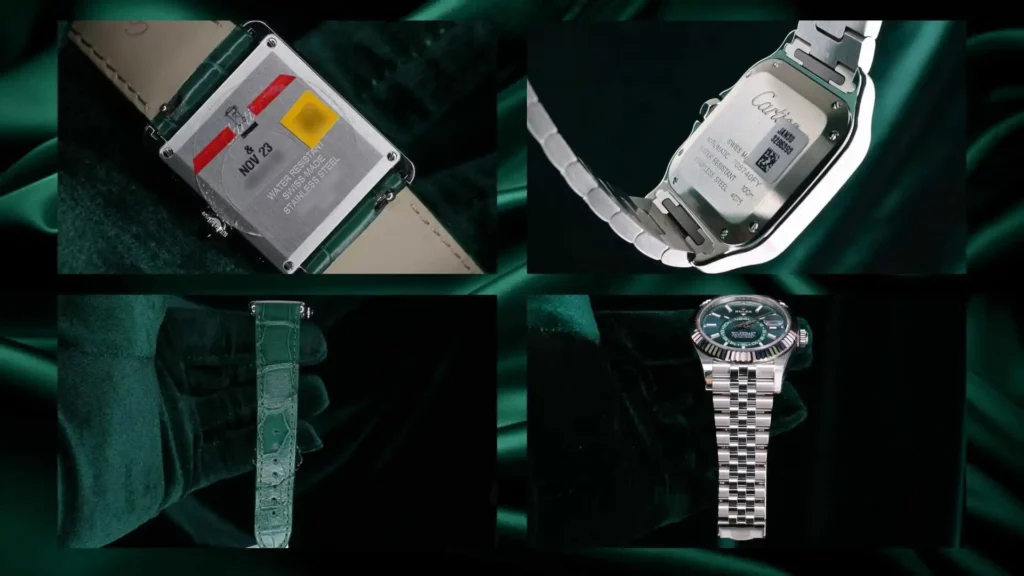 A side-by-side comparison of a green Cartier Tank Must on a leather strap and a stainless steel Cartier Santos with an integrated bracelet. Large "VS" text sits between them against a dark green silk backdrop.