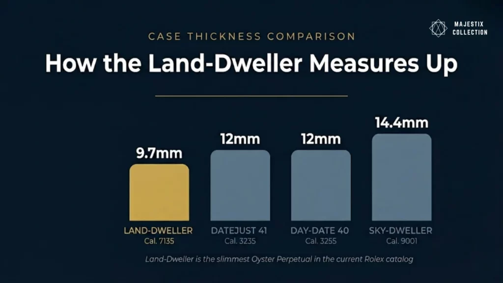 Rolex Land-Dweller case thickness comparison against Datejust Day-Date and Sky-Dweller