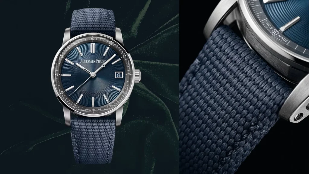 AP Code 11.59 with blue dial and blue woven textile strap