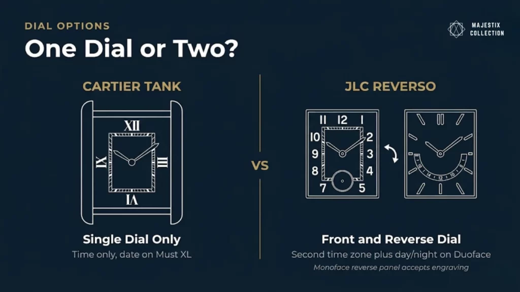 Cartier Tank single dial vs JLC Reverso Duoface dual dial options explained