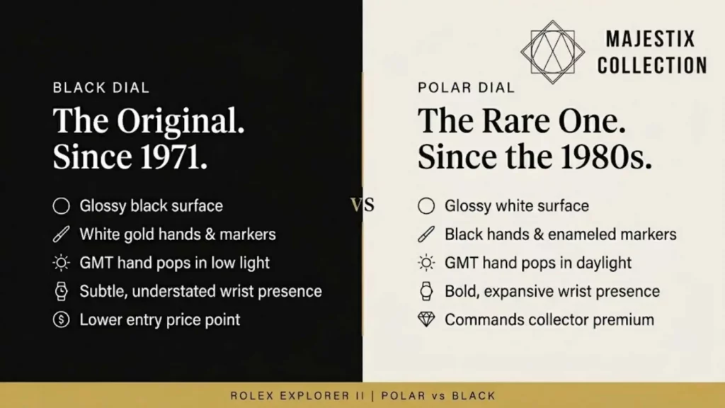 Infographic table by Majestix Collection comparing Rolex Explorer II dial construction: Polar dial features glossy white surface and black enamel markers; Black dial features glossy black surface and white gold markers.