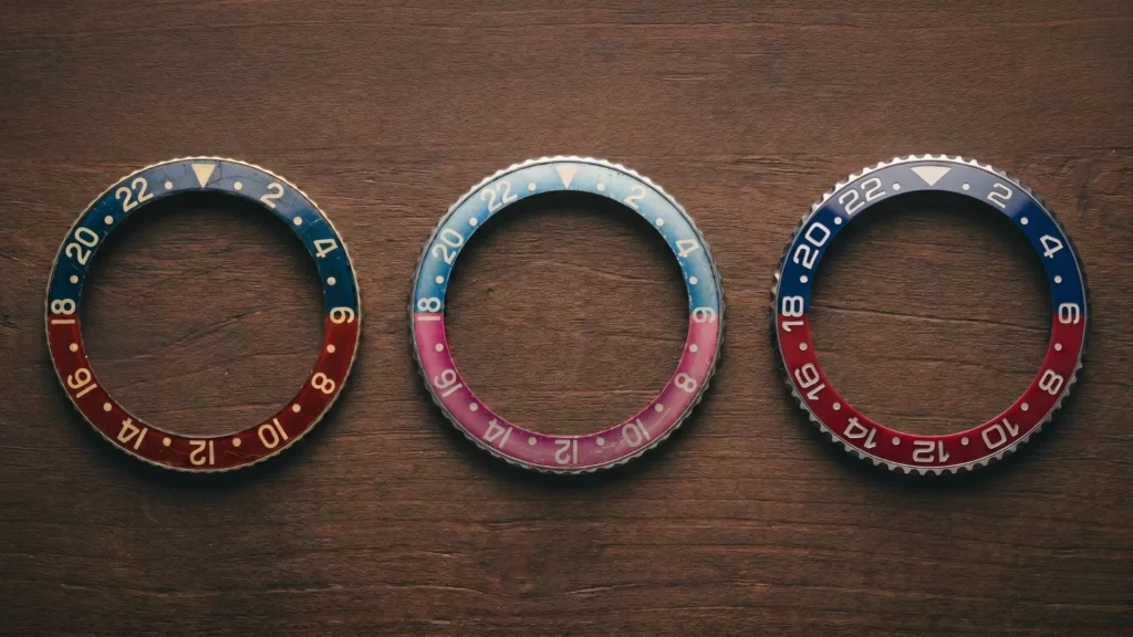 Three Rolex Pepsi GMT bezel inserts side by side on wood surface showing color evolution from vintage red-blue to faded pink to modern ceramic