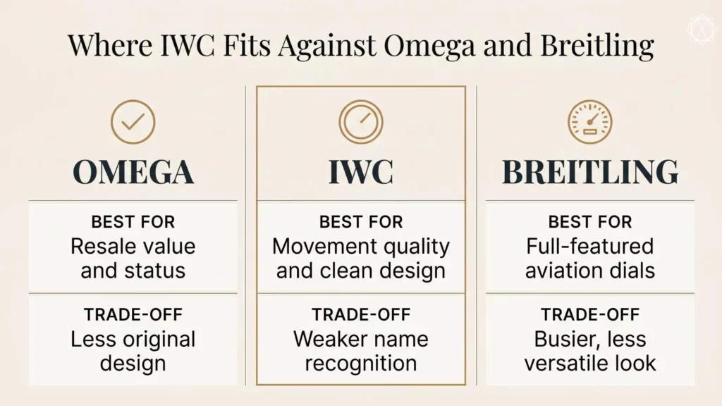 Comparison chart showing IWC, Omega, and Breitling strengths and trade-offs side by side