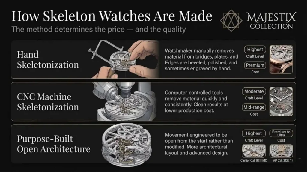 Infographic detailing skeleton watch manufacturing methods including Hand Skeletonization for premium cost, CNC Machine Skeletonization for mid-range production, and Purpose-Built Open Architecture used by luxury brands like Cartier and Audemars Piguet.
