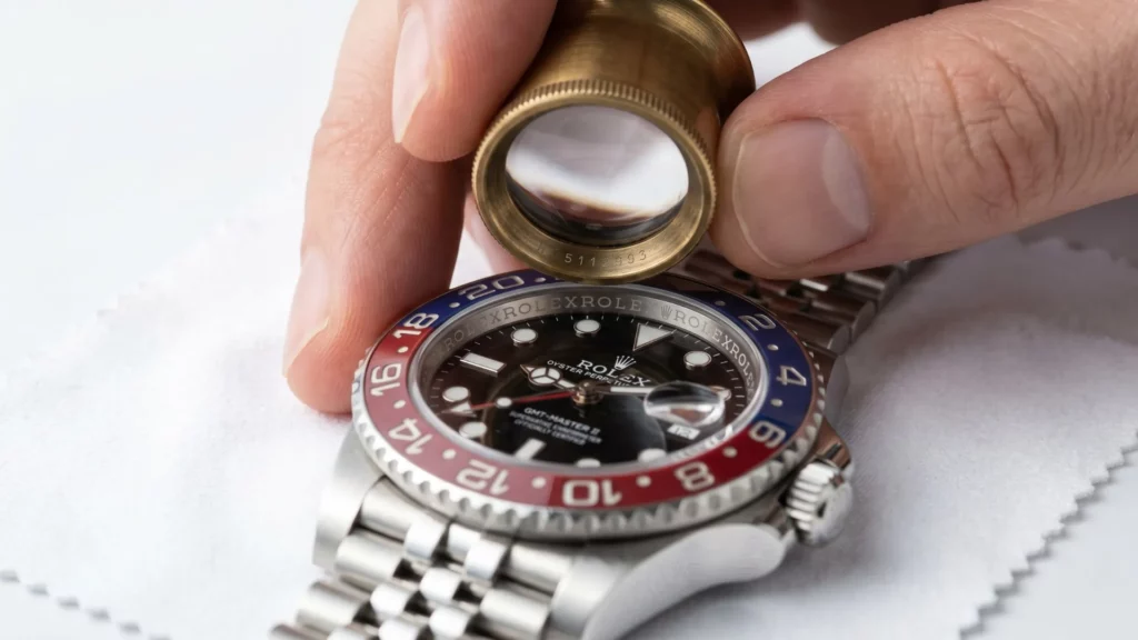 Hand using brass loupe to inspect serial number and rehaut of Rolex GMT-Master II Pepsi on jubilee bracelet on white cloth