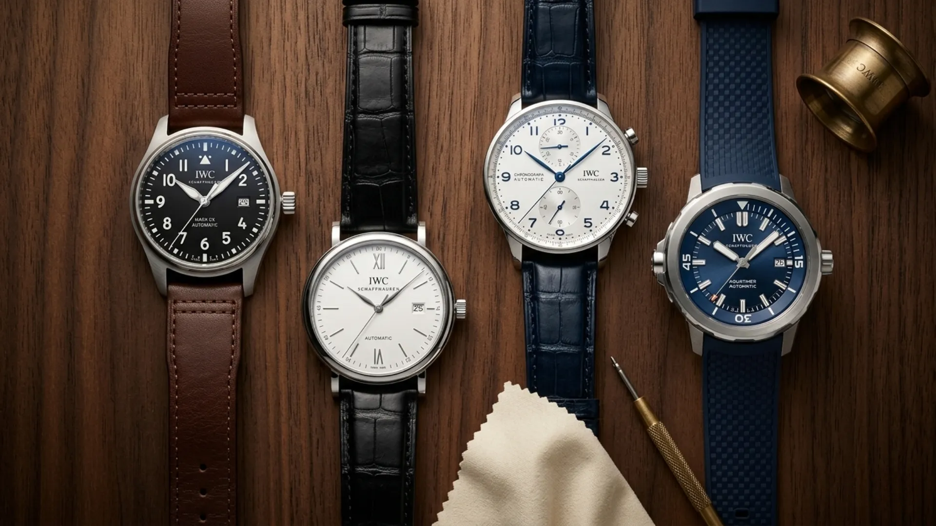 Four IWC watches lined up on wood: Pilot's Mark XX, Portofino, Portugieser Chronograph, and Aquatimer