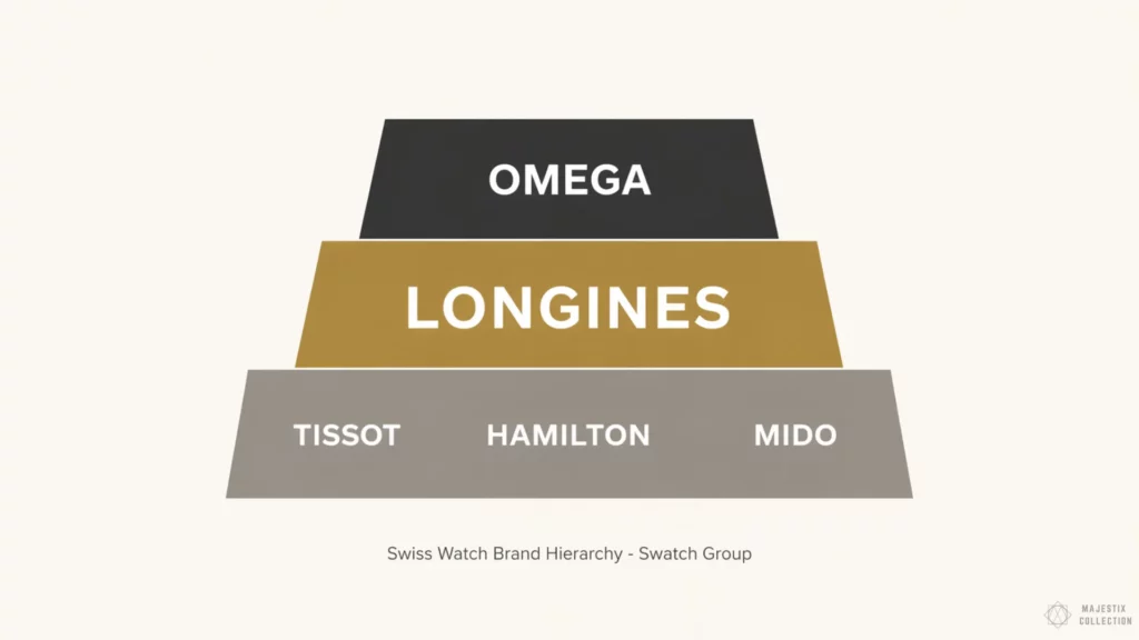 Pyramid infographic showing Swatch Group brand hierarchy with Omega at top, Longines in middle, and Tissot, Hamilton, and Mido at base