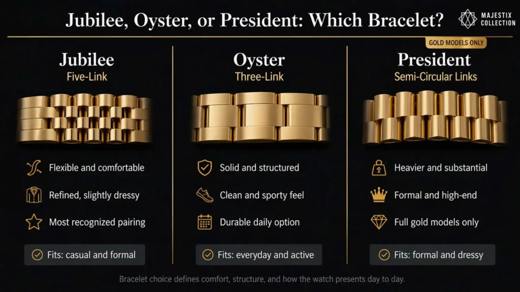 A visual comparison of three Rolex gold bracelets. The "Jubilee" features five flexible links for a dressy look; the "Oyster" features three solid links for a sporty, durable feel; and the "President" features semi-circular links, noted as being exclusive to full gold models and the most formal option. The footer explains that bracelet choice defines comfort and how the watch presents day-to-day.
