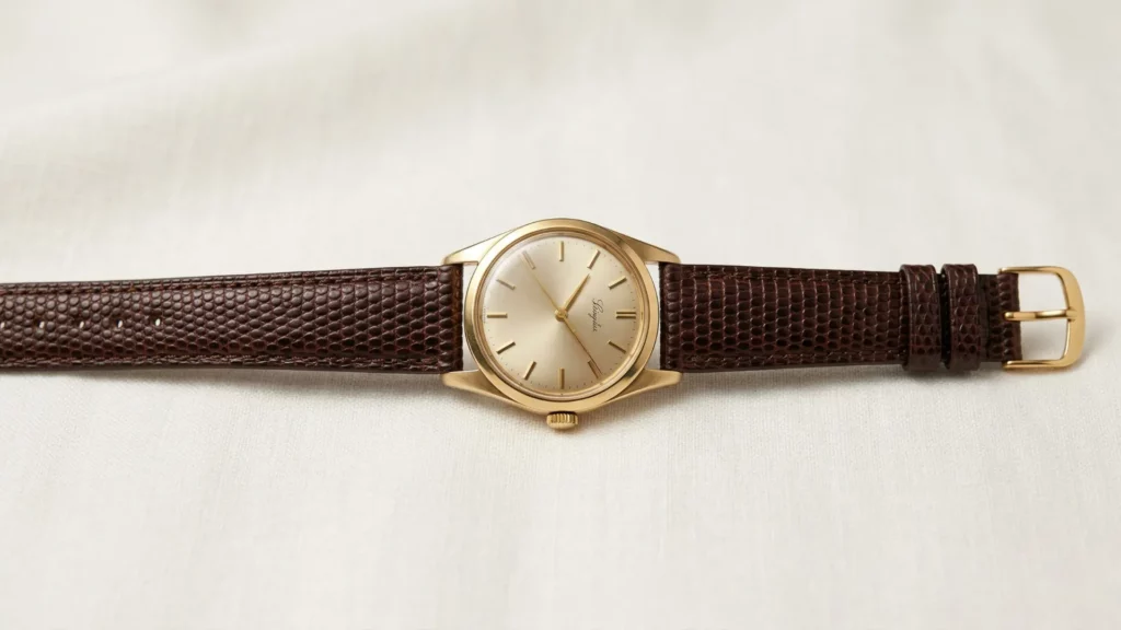 Brown lizard leather watch strap with tight scale pattern on vintage gold Longines dress watch on white linen