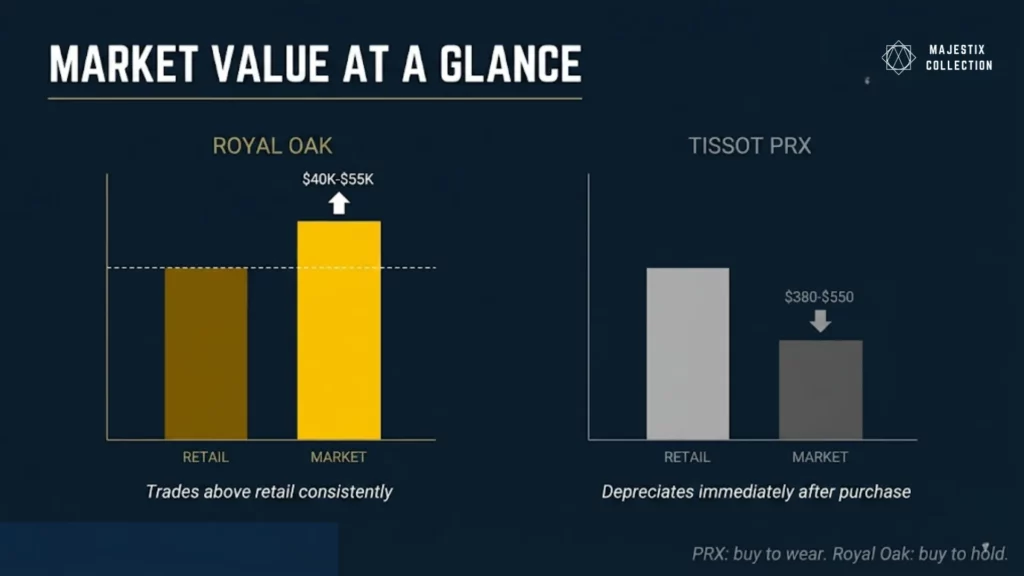 Price and market value comparison chart showing Royal Oak above retail resale versus PRX immediate depreciation after purchase