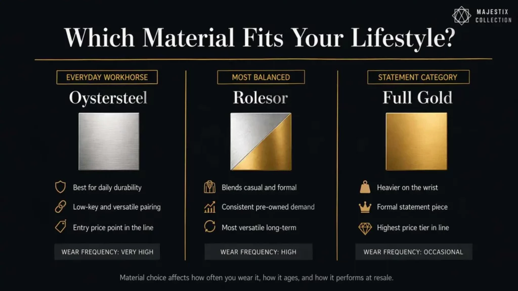 A guide titled "Which Material Fits Your Lifestyle?" organized into three categories. "Oystersteel" is described as a durable everyday workhorse; "Rolesor" (two-tone) is the most balanced for casual and formal wear; and "Full Gold" is labeled a statement category for occasional, formal wear. The chart indicates that wear frequency decreases as the material's luxury tier increases.