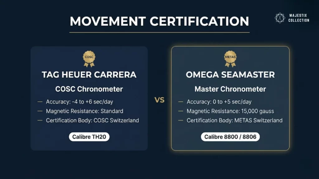 COSC vs METAS movement certification standards comparison for Carrera and Seamaster