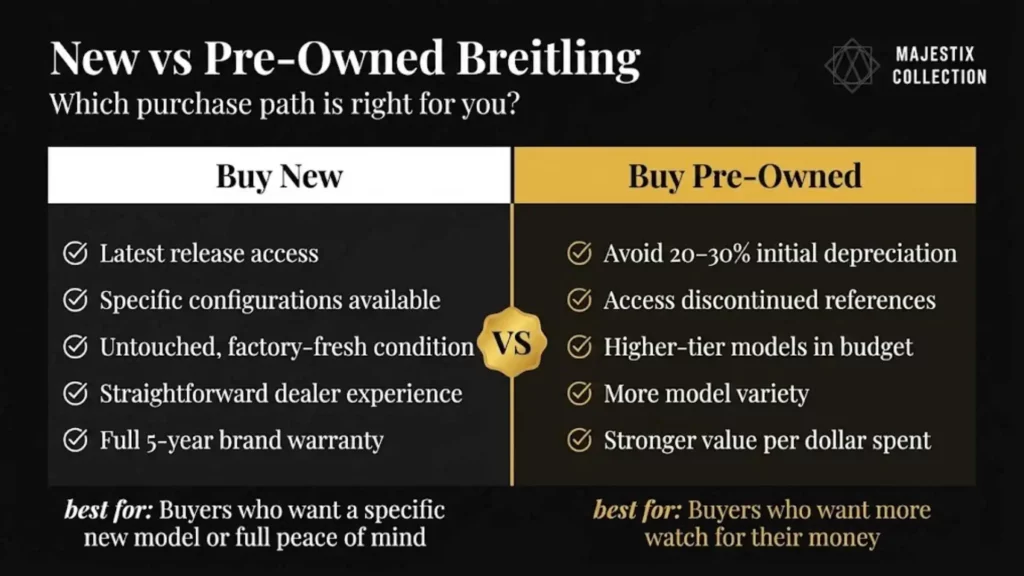 A comparison infographic titled "New vs Pre-Owned Breitling" showing the benefits of buying new (factory warranty, latest releases) versus pre-owned (avoiding 20-30% depreciation, access to discontinued models) to help luxury watch buyers decide.