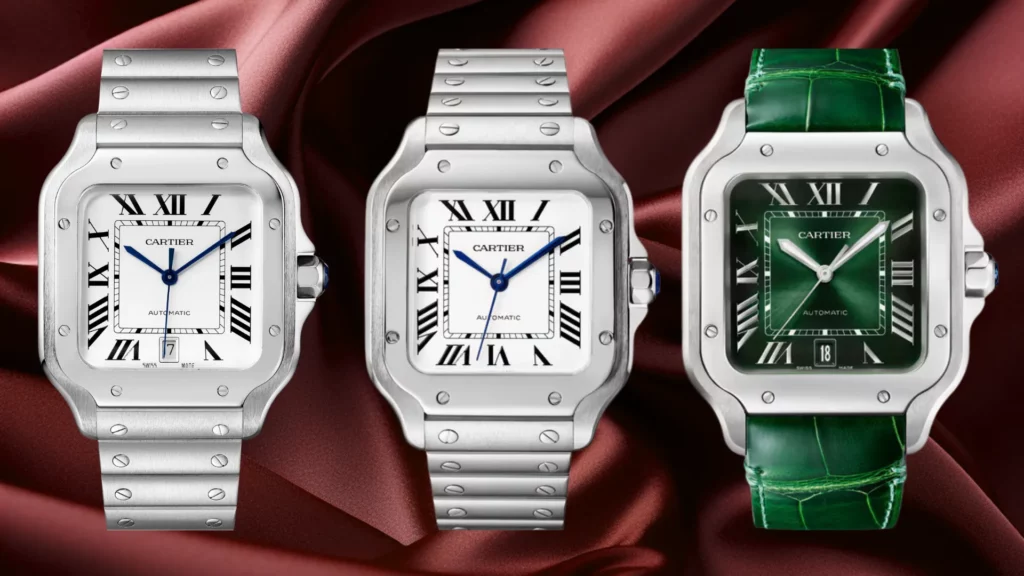 Three Cartier Santos references side by side in large white dial on bracelet, medium white dial on bracelet, and green dial on leather strap