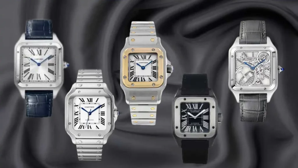 Five Cartier Santos watches showcased on a grey silk background. The selection includes the Santos de Cartier with a steel bracelet, two-tone gold and steel models, a black ADLC coated version, and a skeletonized dial model with an exposed movement.