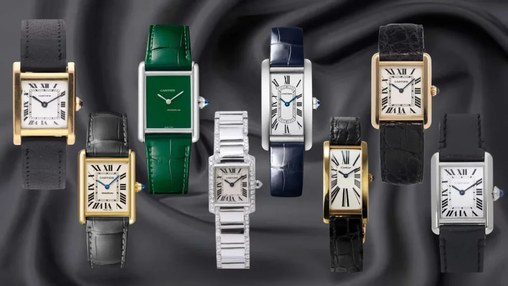 A collection of eight Cartier Tank luxury watches in various styles, including gold and steel cases with black, blue, and green leather straps. The display features the Tank Must, Tank Louis Cartier, and a diamond-encrusted Tank Américaine against a draped grey silk background.