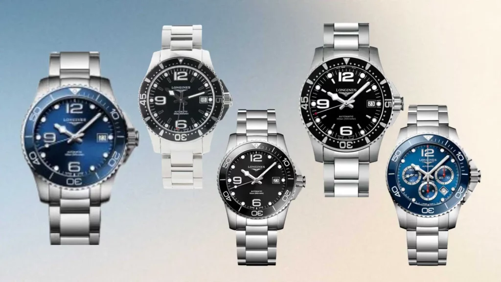 A collection of five Longines HydroConquest watch references, showcasing various dial colors in blue and black, including three-hand automatic models and a chronograph version on stainless steel bracelets.