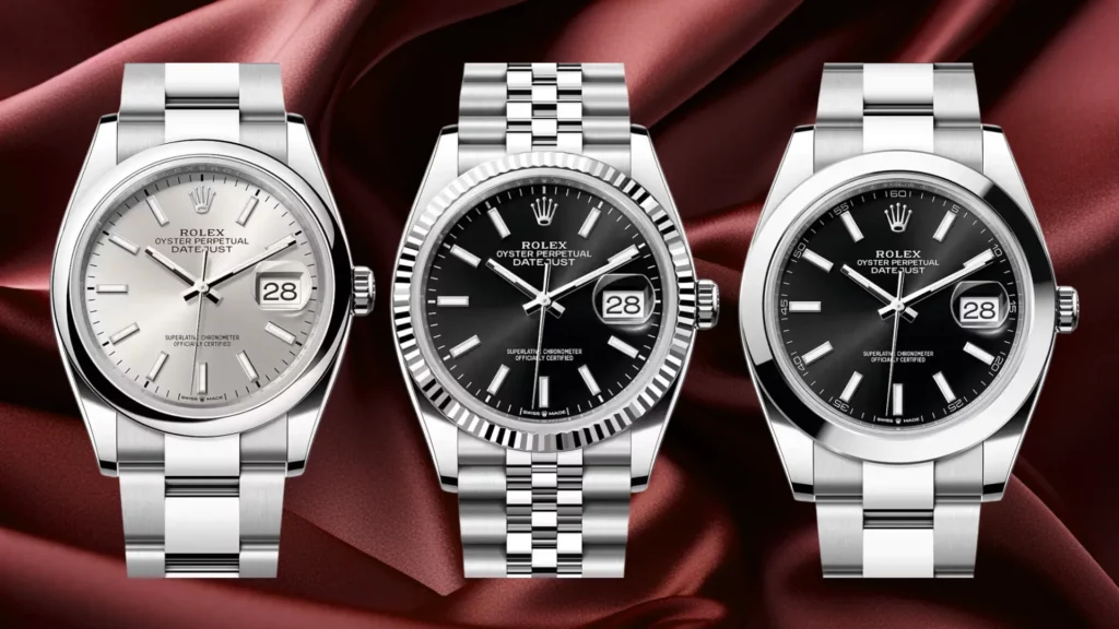 Three Rolex Datejust references side by side in silver dial smooth bezel on Oyster, black dial fluted bezel on Jubilee, and black dial smooth bezel on Oyster