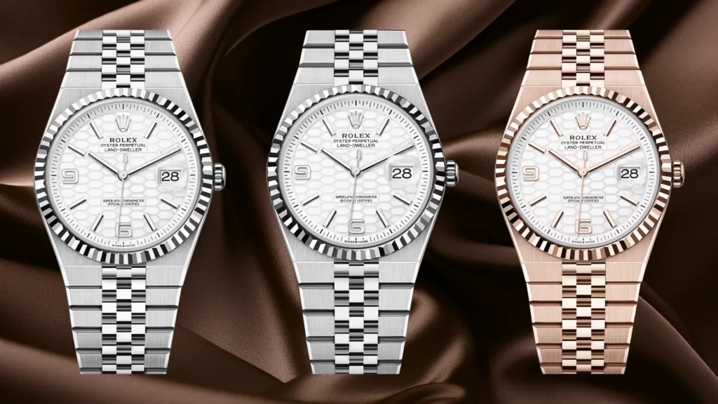 Three Rolex Land-Dweller references side by side in steel, white gold, and two-tone Everose with honeycomb dials on Jubilee bracelets