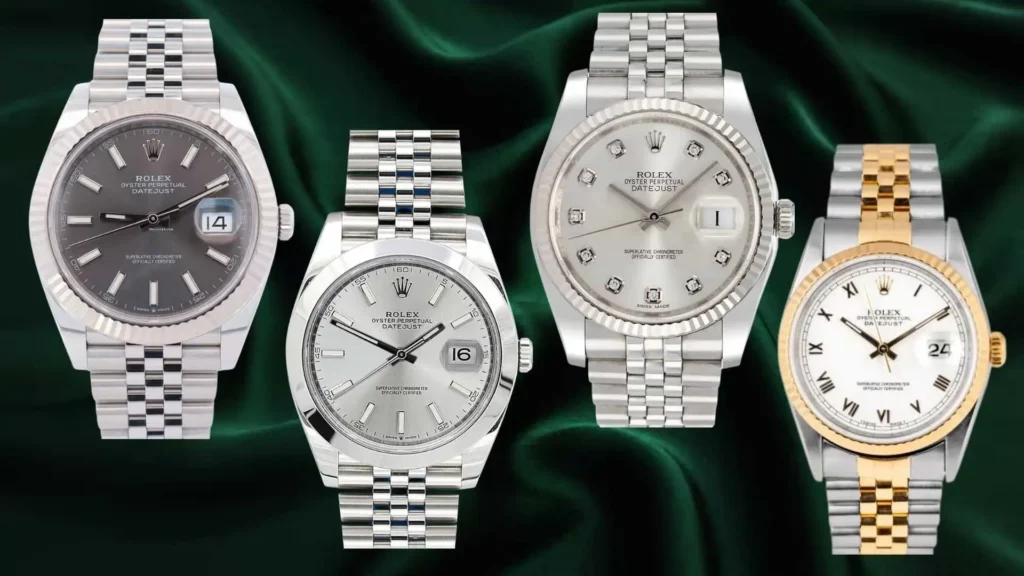 An image showcasing four distinct Rolex Datejust models against a dark green silk background. From left to right: a stainless steel model with a fluted bezel and slate grey dial on a Jubilee bracelet; a steel model with a smooth bezel and silver dial; a steel model with a diamond-set dial and fluted bezel; and a two-tone Everose gold and steel model with a white dial and Roman numeral markers.