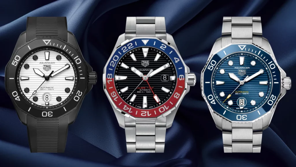 TAG Heuer Aquaracer in white black rubber, black GMT red-blue bezel steel bracelet, and blue ceramic bezel steel bracelet side by side