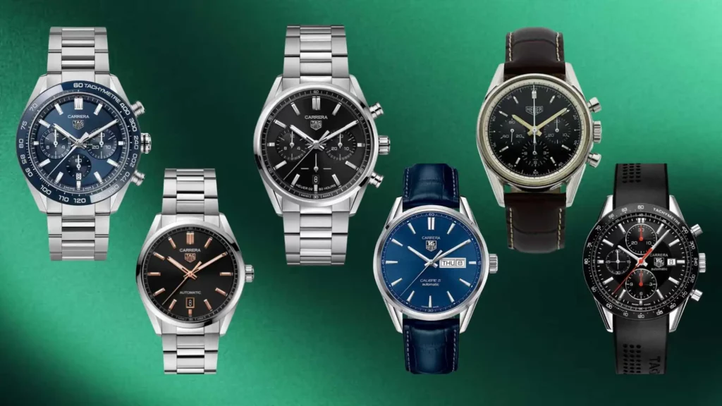 Collection of various TAG Heuer Carrera models including blue and black dial chronographs, a silver vintage-style reference, and a three-hand date model on a leather strap.