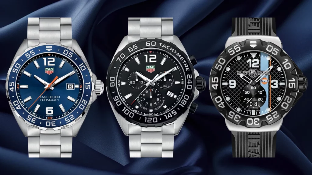 TAG Heuer Formula 1 in blue steel bracelet, black chronograph tachymetre steel bracelet, and Gulf Edition black rubber strap side by side