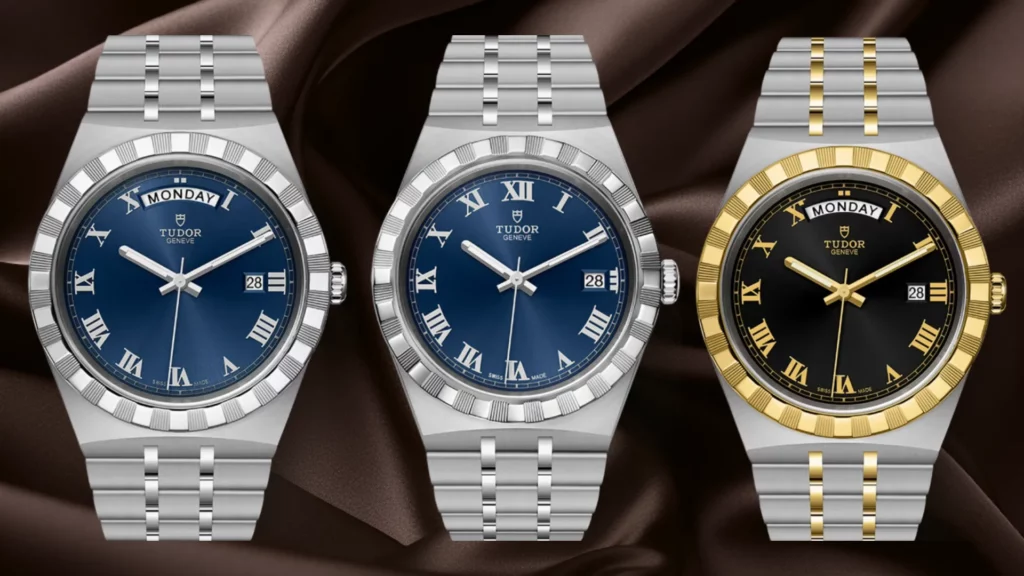 Three Tudor Royal references side by side in blue day-date on steel, blue date on steel, and black two-tone with gold bezel
