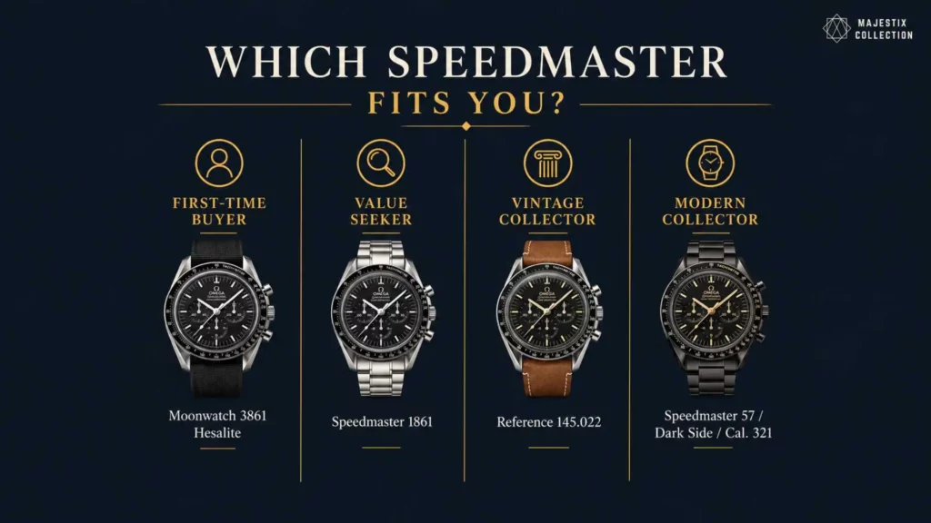 Omega Speedmaster buyer types matched with recommended references and price ranges