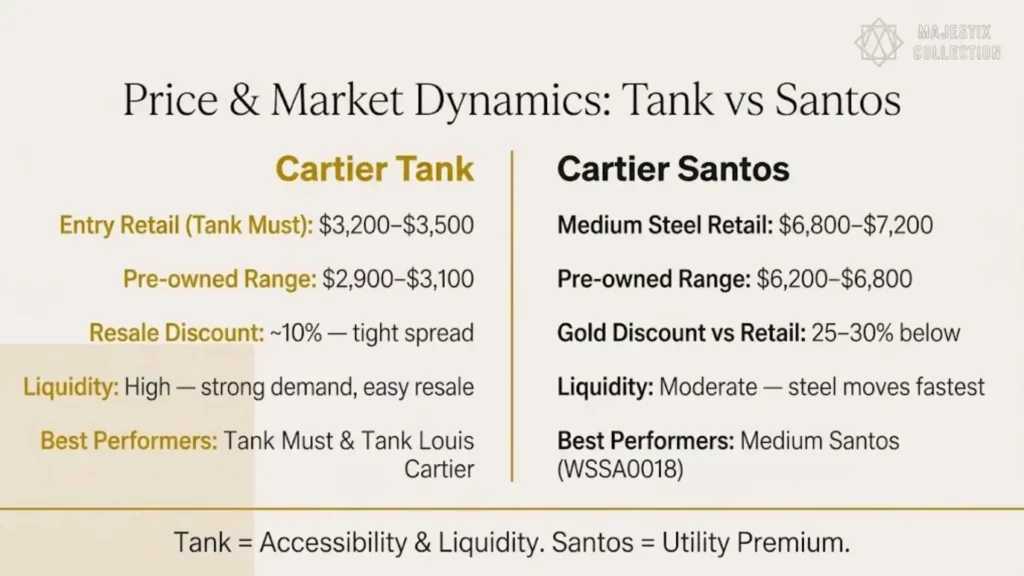 A comparison table titled "Price & Market Dynamics: Tank vs Santos" showing retail prices, pre-owned ranges, and liquidity for Cartier luxury watches. The Cartier Tank is listed with high liquidity and a starting retail price of $3,200, while the Cartier Santos shows moderate liquidity with a starting retail price of $6,800.